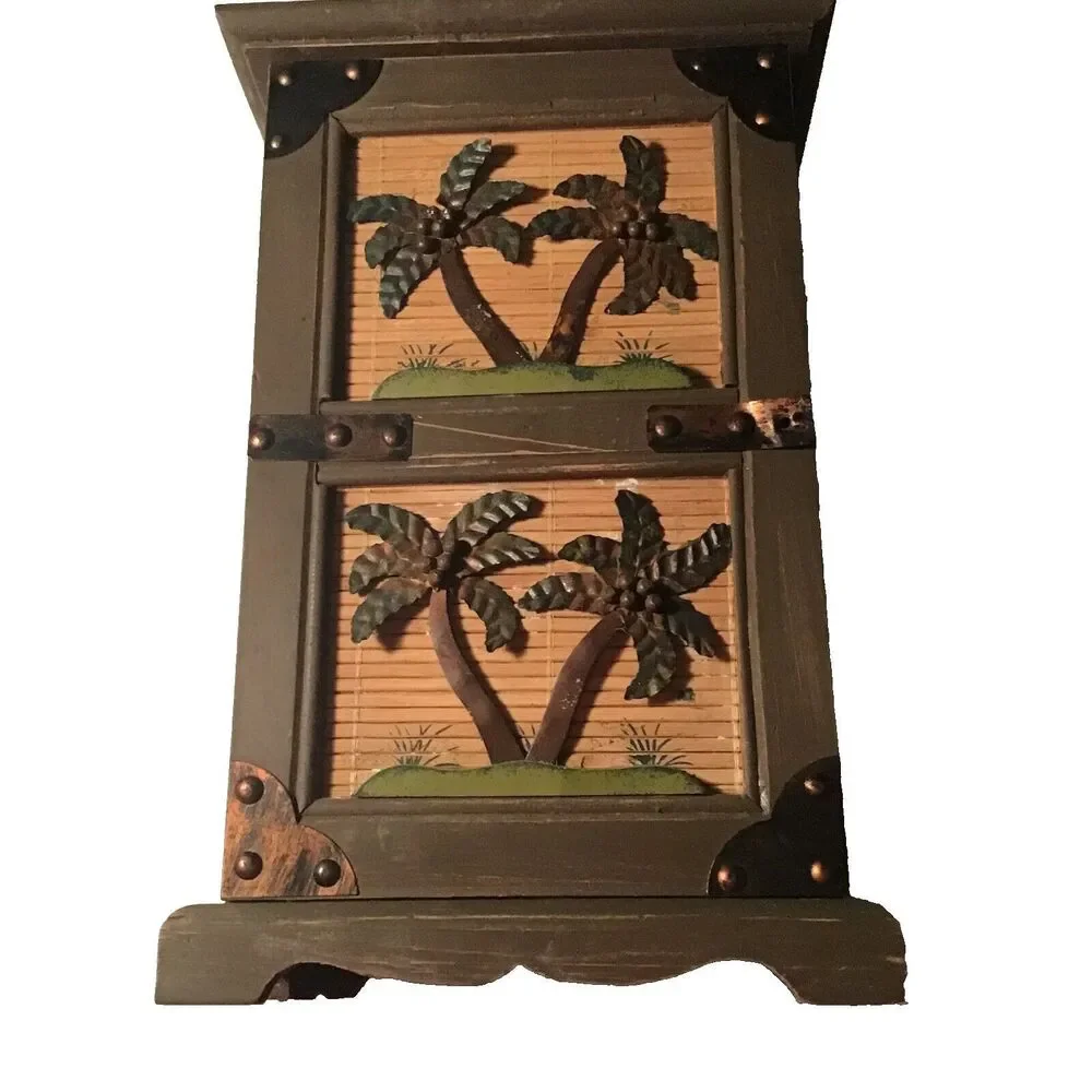 Vintage Tropical Wood Jewelry Cabinet - Palm Tree & Bamboo Motif - Missing Knob
